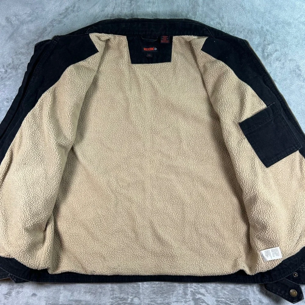 Wolverine Mens Black Canvas Sherpa Lined Work Jacket Large Full Zip Cotton Duck